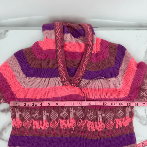 Alpaca Wool Youth XL Sweater Hooded Pink Striped Fringe Hem Pockets Made in Peru - Picture 6 of 12